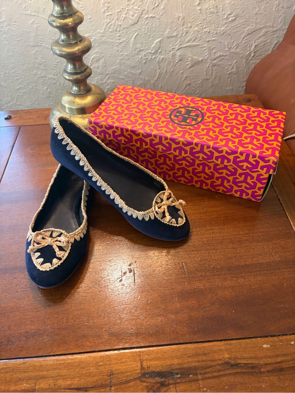 Tory Burch Navy Suede Flats with Cream Braided Trim